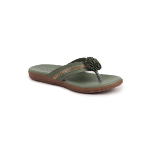 Women Olive Shiny Beads T-Strap Slipper With Cushioned Footbed|Party|Office Wear|Weekend-7