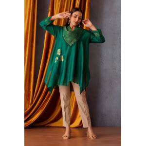 Sequin flower patch embroidered asymmetric tunic with cowl neck in emerald green-S / Without Pants