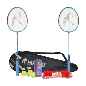 Hipkoo Sports HR 15 Aluminum Badminton Complete Racquets Set | 2 Wide Body Racket, 3 Shuttlecocks and Net | Ideal for Beginner | Lightweight & Sturdy (Blue, Set of 2)