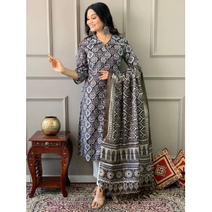 Jaipuri pehnawa Ajarak  kurta pent set-Gray / M