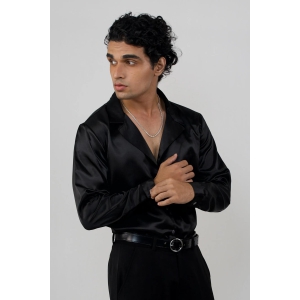 Satin lapel collar shirt-Black / XL