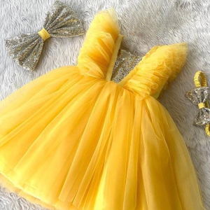 Cutedoll Yellow Color Net Partywear Baby Kids Frock-1-2 Year