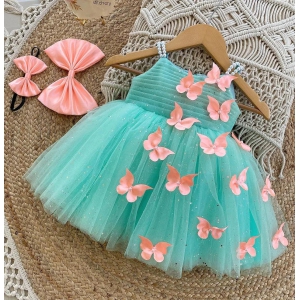 Cutedoll Mint Color Net Sparkle with butterfly kids Girls Dress-5-6 Year