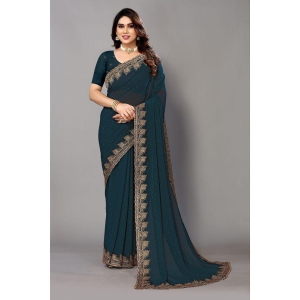 Rangita Women Zari Work Embellished Georgette Saree with Blouse Piece - Teal - Teal