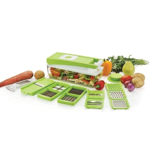 KAVISON Purpose Plastic Vegetable and Fruit Chopper Cutter Grater Slicer Chipser and Dicer for Kitchen with 10 Stainless Steel Blades and 1 Peeler (Set of 11 Pcs, Green Slicer Set)