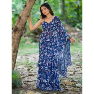 Blue Floral Pre draped saree by Dorie