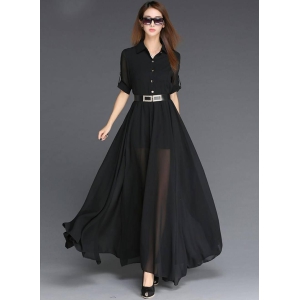 Georgette Black Solid Maxi Long Dress-L