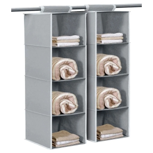 Non Woven Foldable Hanging 4 Shelves Wardrobe/Closet Cloth storage Organizer (Grey)-Pack of 2