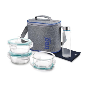 Treo by Milton All Fresh Premier Glass Tiffin Set of 5 (3 - Round Containers, 400 ml Each; 1 - Bottle, 250 ml; 1 - Tiffin Dinning Mat) With Jacket | Oven & Microwave Safe | Leak Proof | Offi