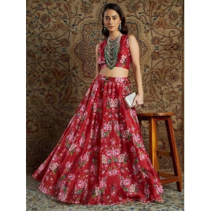 Sassafras Womens Red Chanderi Floral Crop Top With Skirt-L