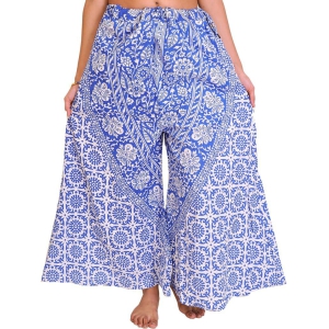 Nautical-Blue Palazzo Pants from Pilkhuwa with Printed Flowers and Elephants