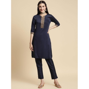 Rangita Women Navy Gold Printed Placket Knee Length Straight Kurti - None