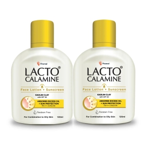 Lacto Calamine Face Lotion + Sunscreen | SPF 30 | UVA + UVB PA+++ | With Kaolin Clay & Zinc Oxide | Controls Excess Oil | Lightweight | For Oily Skin | For Women | Pack of 2x 120 ml