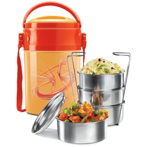 Milton Odyssey Insulated Tiffin, 4 Stainless Steel Containers, 380 ml Each and 1 Papad Box, 200 ml, Orange