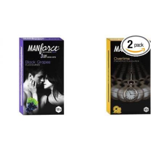 MANFORCE 3 in 1 (Ribbed Contour Dotted) Wild Black Grapes Flavoured Condoms- 10 Pieces & Overtime Pineapple 3in1 (Ribbed Contour Dotted) Condoms - 10 Pieces Condom (Set of 2 20 Sheets)