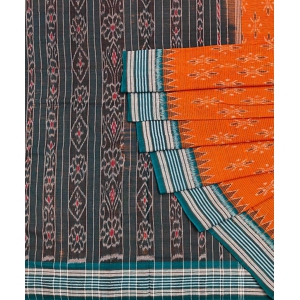 Orange Black Sambalpuri Handwoven Single Ikat Cotton Saree