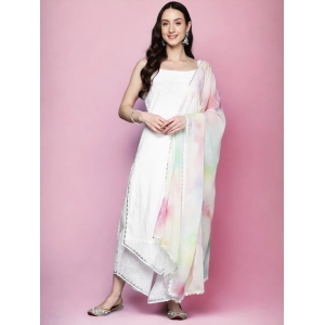 White Printed Shoulder Straps Gotta Patti Cotton Kurta With Palazzos & Dupatta