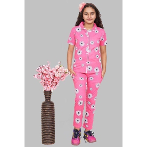 Girls Cotton Printed Night Suit Set Of Shirt & Pyjama With Pockets-9-10 years