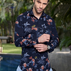 Men Blue Slim Fit Printed Pure Cotton Shirt-S