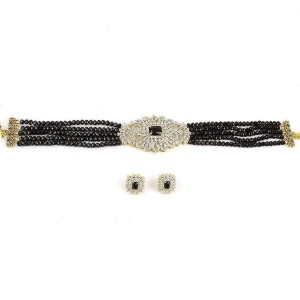 ETHNIC TRADITIONAL GOLD PLATED BLACK BEADED LAYERED CHOKER NECKLACE & EARRINGS JEWELLERY SET