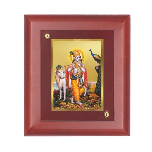 DIVINITI Lord Krishna Gold Plated Wall Photo Frame, Table Decor| MDF 2 Wooden Wall Photo Frame and 24K Gold Plated Foil| Religious Photo Frame Idol For Pooja, Gifts Items (20.0CMX16.0CM)-default