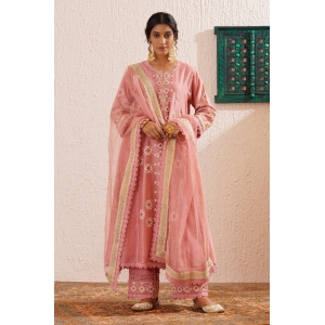 Block printed centre panel flared, side kali kurta set with lace detailing on pants and organza dupatta-5XL