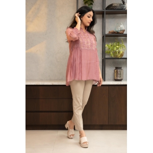 Dusky Pink Chanderi shirt, with gold striped tissue side yokes.-XL