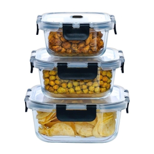 Femora Borosilicate Glass Microwave Safe Square Food Storage Container with Air Vent Lid, 300 ml, 500 ml, 800 ml (Set of 3)