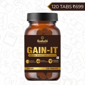 Guduchi Ayurveda GAIN-IT Tablets for Fast Weight & Muscle Gain and Bone Strength | For Under weight men and women | 500mg Tablets - 120 Tabs