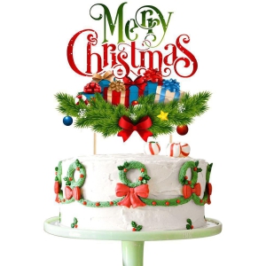 Zyozi Merry Christmas Cake Topper | Christmas Cake Decoration | Merry Christmas Theme Cake Topper | Red & Green Merry Christmas Cake Topper - Red