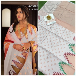 J J ENTERPRISES Kanjivaram Kanchipuram Soft Silk Saree copper zari With Jacquard Blouse Piece for women - White - White