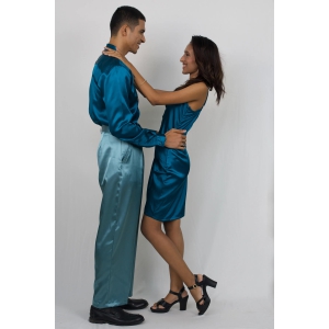 Satin colour blocked dress and shirt pant couple set-Teal + Turquoise / Custom / XXL