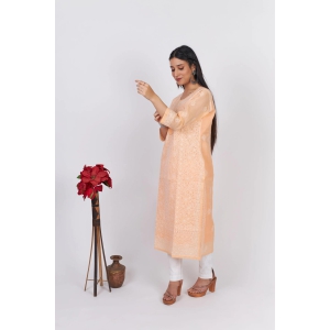 Cotton Voill Chikankari Kurti-Peach-PEACH / M