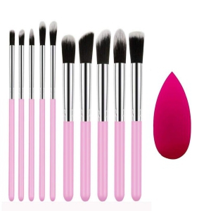 10 Pcs Soft Makeup Brush Set (Pink) with 1 Pc Sponge Makeup Blender (Free) Portable Makeup Brush Kit