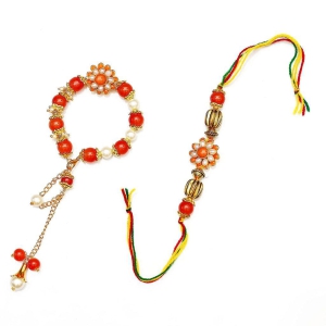 Abhaah Bhaiya bhabhi couple orange pearl Rakhi combo set