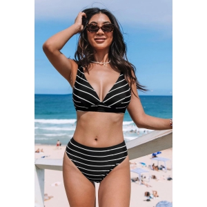 Retro Stripe V-Neck Bikini Top & High-Rise Bottoms Set-XL