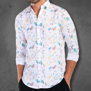 Feathers Premium Linen Printed Shirt-M - 38