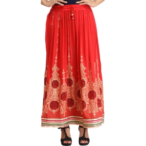 Lollipop-Red Embellished Long Skirt with Golden Print and Embroidered Patch Border