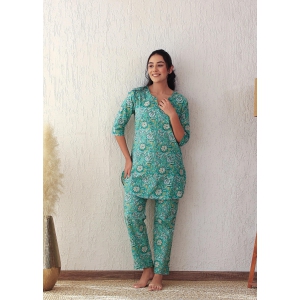 Plus size Green Floral Print Cotton Loungewear Set-L