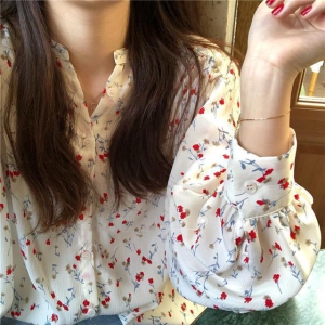 Chiffon Korean loose V-neck long-sleeved floral bottoming shirt casual top for women-2XL (70-80 KG)