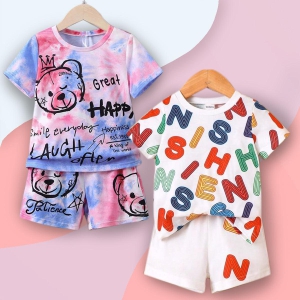 Venutaloza Stylish White Baby Set Letters Graphic Print & Tie Dye Bear (Combo Pack Of 2) T-Shirt & Shorts For Boy & Girls..-3 Year- 4 Year