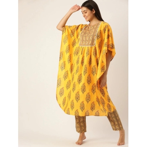 Women Yellow & Brown Pure Cotton Ethnic Motifs Printed Kaftan With Pyjama-Small