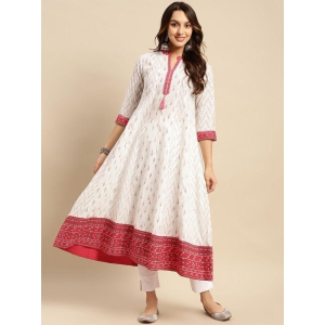 Rangita Women 100% Cotton Off White Contrast Placket Ikat Printed Calf Length Anarkali Kurti - None