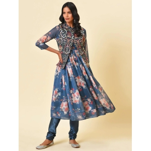 Printed Chanderi Kurta & Mirror work Jacket-M