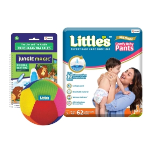 Little's Play Time Combo (Little's Comfy Baby Pants, Medium | Super Jumbo Diaper Pack of 1 I Little's Soft baby Ball I Toys for Babies I Jungle Magic Doodle Waterz Lion and Rabbit, Reusable Child