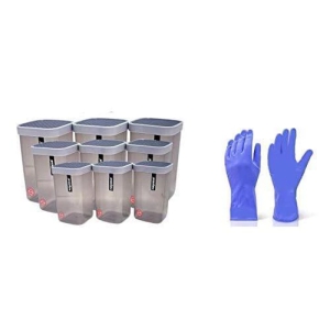 Nayasa Fusion Deluxe Containers Box/Polypropylene Grocery Container, Pack of 9 (1500ml 3Pcs, 1000ml 3Pcs, 750ml 3Pcs) (Grey) and 1 Pair Cleaning Gloves