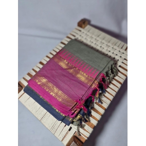 NVBCD005-Ash color with Double Color Pink & Blue  Bordered with Temple Design Bengal Cotton Saree