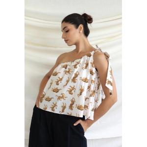 Printed one shoulder tie-up top-L