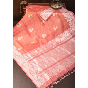 Salmon Pink Tissue Organza Banarasi Pure Silk Saree with Meenakari Buttas | SILK MARK CERTIFIED