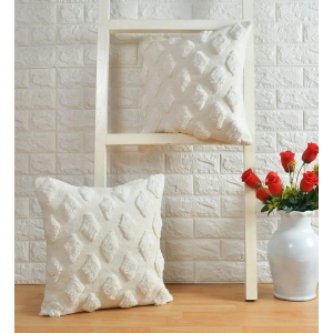 Small diamonds barfi tufted cushion cover, white, 16x16